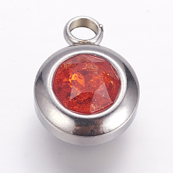 Красный 304 прелести нержавеющей стали, плоский круглый со стеклянным горным хрусталем, цвет нержавеющей стали, красные, 14x10x6 мм, отверстие : 2.5 мм