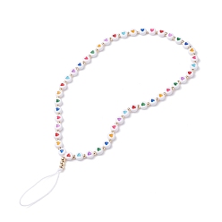 White Opaque Acrylic Beads Mobile Straps, with Braided Nylon Thread and Brass Beads, Flat Round with Colorful Heart Pattern, White, 25.5cm
