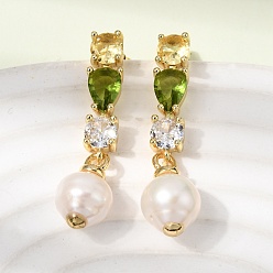 Зеленый Круглые латунные серьги-гвоздики с микропаве из кубического циркония, с натуральной жемчужиной, стойки покрытие, долговечный, без кадмия и без свинца, реальный 18 k позолоченный, зелёные, 33~34x8.5~9 мм