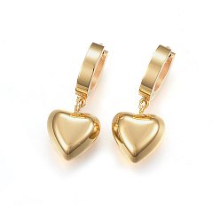 Golden 304 Stainless Steel Dangle Hoop Earrings, Hypoallergenic Earrings, Heart, Golden, 29mm, Pendant: 15x12x7mm, Pin: 1mm