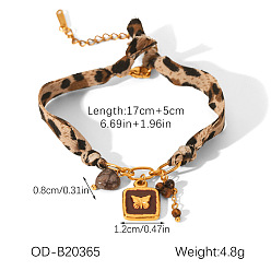 Papillon 304 Bracelets foulard imprimé léopard en acier inoxydable, résine et œil de tigre naturel, or, papillon, 6.69 pouce (17 cm)