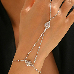 White Brass and Imitation Pearl Rhombus Hand Chain Ring Bracelets for Wedding and Formal Occasions, Silver Color Plated, White, 8.27 inch(21cm)