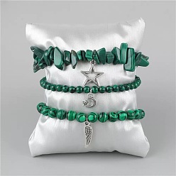 Малахит 3 браслеты из сплава и бусин из натурального малахита с подвесками, эластичные браслеты для женщин, лист, луна и звезда, 7.48 дюйм (19 см)