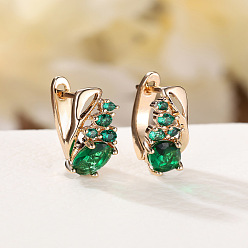 Зеленый Серьги-кольца из латуни со стразами в форме капли, розовое золото , зелёные, 17x6 мм