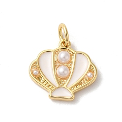 Белый Подвески из латуни с эмалью в стойку, со стеклянной жемчужиной и прыгающим кольцом, долговечный, без кадмия и без свинца, морские раковины, реальный 18 k позолоченный, белые, 17x15x3 мм, отверстие : 3 мм