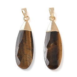 Tiger Eye Natural Tiger Eye Pendants, Faceted Teardrop Charms, with Brass Finding, 31.5~32.5x9.5~10x3.5~4mm, Hole: 5.5x3mm