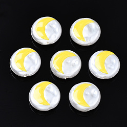 Jaune 3d perles d'imitation en plastique ABS imprimées, plat rond avec la lune, jaune, 12x5mm, Trou: 1.5mm