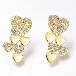 Golden Brass Micro Pave Clear Cubic Zirconia Heart Stud Earrings, with Plastic Ear Nuts, Long-Lasting Plated, Golden, 26x14mm, Pin: 1mm