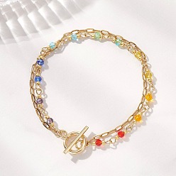 Золотой 304 Многорядный браслет из нержавеющей стали в виде цепочки из скрепок и стеклянных бусин для женщин, с 304 из нержавеющей стали тумблеров застежками, золотые, 7.48 дюйм (19 см)