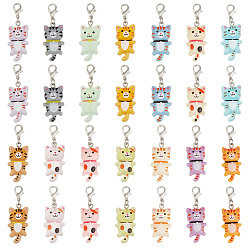 Mixed Color 28Pcs 14 Style Cat Shape Alloy Enamel Pendant Decorations, with Alloy Lobster Claw Clasps, Platinum, Mixed Color, 44mm