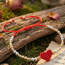Красный Регулируемые латунные круглые бусины, плетеные браслеты из бусин, Браслеты из нейлонового шнура в форме сердца, плетеные для пары., красные, 11.02 дюйм (28 см)