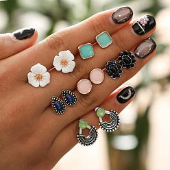 (52) Непрозрачная лаванда 6 пары сережек-гвоздиков из сплава, со смолой, стразами и эмалью, разнообразные, разноцветные, 8~19 мм