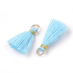 Light Sky Blue Polycotton(Polyester Cotton) Tassel Pendant Decorations, Mini Tassel, with Iron Findings and Metallic Cord, Light Gold, Light Sky Blue, 10~15x2~3mm, Hole: 1.5mm