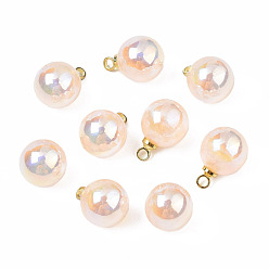 Light Salmon ABS Plastic Imitation Pearl Charms, with Brass Findings, AB Color Plated, Golden, Round, Light Salmon, 11.5x8mm, Hole: 1.5mm