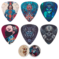 Mixed Color Artistic Plastic Guitar Pick, Guitar Accessories, Triangle with Women, Men, Alien, Skull & Wolf Pattern, Mixed Color, 29x25x1mm, 6pcs/box
