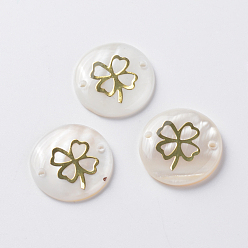 Golden Freshwater Shell Links connectors, with Alloy Findings, Flat Round with Clover, Golden, 20x3~3.5mm, Hole: 1mm