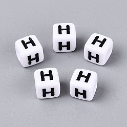 Letter H Opaque Acrylic Beads, Cube with Number, with Enamel, Black, Letter H, 7.5~8x7.5~8x8~8.5mm, Hole: 3.6~4mm, about 1200pcs/500g