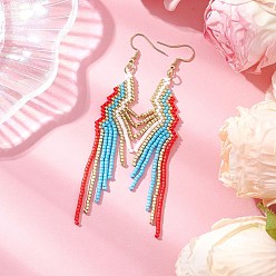 Темно-Голубой Серьги-кисточки из стеклянных бусин, с 304 нержавеющей стали серьги крючки, глубокое синее небо, 99.5x20.5 мм