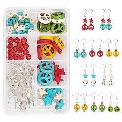 Mixed Color DIY Peace Theme Earring Making Kits, Including Peace Sign & Star & Rondelle Synthetic Turquoise Beads, Iron Flat Head Pins, Brass Earring Hooks, Mixed Color, Total: 152pcs/box