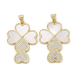 Real 18K Gold Plated Brass Micro Pave Cubic Zirconia Pendants, Cadmium Free & Lead Free, with Shell, Clover, Real 18K Gold Plated, 31.5x21x2mm, Hole: 4x3.5mm