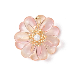 Персиковый Слойка Прозрачные стеклянные подвески, цветочный шарм, с бусинами из ракушечного жемчуга и 304 петлями из нержавеющей стали, розовые, 29.5x30x12.5 мм, отверстие : 5.5 мм