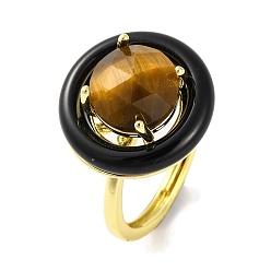 Тигровый глаз Покрытие стойки, круглые латунные эмалированные регулируемые кольца, Натуральные женские кольца на палец с тигровым глазом, золотые, 18x18 мм, внутренний диаметр: 17 мм