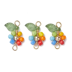 Разноцветный Подвески-соединители из стеклянной медной проволоки, цветочные звенья с позолоченными латунными бусинами, красочный, 19x14x4 мм, отверстие : 2 мм