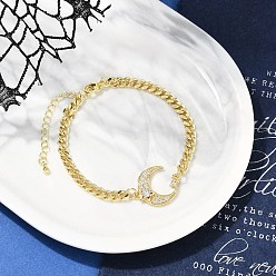 Луна Браслеты с подвесками из латуни с прозрачным кубическим цирконием, браслеты из кубинской цепочки для женщин, реальный 18 k позолоченный, луна, 7-1/8 дюйм (18 см)