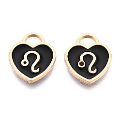Лео Подвески из эмалевого сплава с покрытием из легкого золота, созвездий, черное сердце, Лев, 14x12x1.8 мм, отверстие : 4 мм