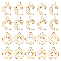 Real 18K Gold Plated 20Pcs 2 Styles Brass Charms, with Cubic Zirconia, Moon & Flat Round with Star, Real 18K Gold Plated, 10pcs/style