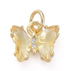 Pale Goldenrod Brass Micro Pave Clear Cubic Zirconia Pendant, with Glass, Butterfly, Golden, Pale Goldenrod, 11x9.5x3mm, Hole: 3.5mm