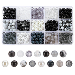 Черный 375 шт. 15 стили наборы круглых бусин для самостоятельной сборки украшений, включая стеклянные бусины и акриловые бусины, чёрные, 8 мм, отверстие : 1~2 мм, 25 шт / стиль