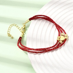Red Polyester Multi-Strand Bracelets, Brass Heart Bead Bracelets with 202 Stainless Steel Lobster Claw Clasps, Golden, Red, 7.09 inch(18cm)