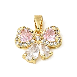 Pink Латунные микро проложить кубического циркония прелести, бантом прелести, золотые, розовые, 11.5x14x4.5 мм, отверстие : 4x2 мм