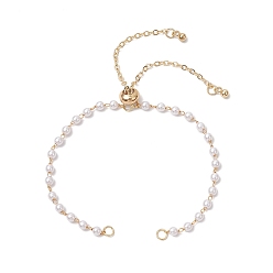 Золотой Изготовление браслета-слайдера из латуни и круглого АБС-пластика с имитацией жемчуга, белые, золотые, 6-1/4 дюйм (16 см), отверстие : 3 мм