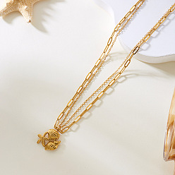 Shell Shape Summer Beach 304 Stainless Steel Double Layer Pendant Necklaces for Women, Golden, Shell Shape, 15.75 inch(40cm), Pendant: 20x20mm