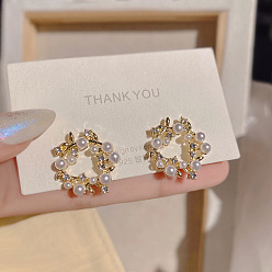 Ring Серьги-гвоздики из пластика с имитацией жемчуга, с кристально горный хрусталь, золотые, кольцо, 19x19 мм