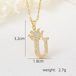Letter U Хип-хоп латунные микропаве кубические цирконии корона инициал подвеска ожерелья, 304 ожерелья из нержавеющей стали с цепочкой для женщин, золотые, Буква U, 15.75 дюйм (40 см)
