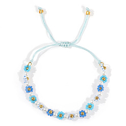 Светло-Голубой Богемный стиль стеклянные круглые бусины плетеные браслеты из бисера для женщин, маргаритка, с пластиковой имитационной жемчужиной, Небесно-голубой, внутренний диаметр: 11 дюйм (28 см)