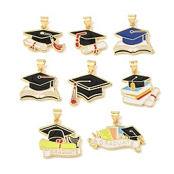 Mixed Shapes Graduation Season Brass Enamel Pendants, Long-Lasting Plated, Cadmium Free & Lead Free, Real 18K Gold Plated, Mixed Color, Graduation Hat Charm, 15~21.5x19~27.5x1.6~2mm, Hole: 4.3x2.8mm