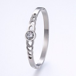 Stainless Steel Color 304 Stainless Steel Bangles, with Cubic Zirconia, Flat Round, Stainless Steel Color, 2-1/4 inch(5.7cm)x1-7/8 inch(4.8cm), 5~10.5mm