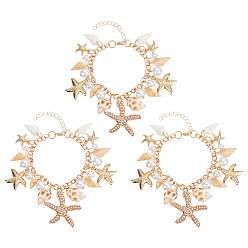 Золотой 3шт. браслет с подвесками из натуральной ракушки, сплава морской звезды и пластикового жемчуга ccb, украшения на тему океана для женщин, золотые, 7-1/2 дюйм (19.2 см)