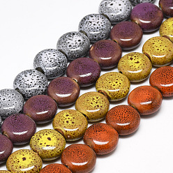 Mixed Color Handmade Porcelain Beads, Fancy Antique Glazed Porcelain, Flat Round, Mixed Color, 14~14.5x6.5~7mm, Hole: 2.5mm