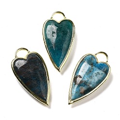 Апатит Натуральный апатит подвеска, стойки покрытие латунь сердце прелести, золотые, 38x19x7.3~7.8 мм, отверстие : 4.7x6.5 мм