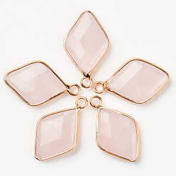 Розовый Кварц Природного розового кварца подвески, со светлой позолоченной латунной кромкой, ромб, граненые, 26x15.5x4.5 мм, отверстие : 2 мм