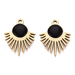 Black 303 Stainless Steel Enamel Pendants, Sun Charms, Ion Plating(IP), Real 18K Gold Plated, Black, 26x20.5x3~4mm, Hole: 2mm