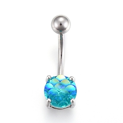 Deep-Sky-blau Piercing-Schmuck, Messing Nabelring, Bauchringe, mit Acryl- und Edelstahlstange, Deep-Sky-blau, 23x8 mm, Stange: 15 Spurweite(1.5mm), Stangenlänge: 3/8"(10mm)