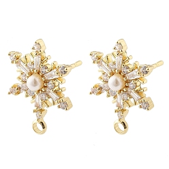 Настоящее золото 14K Латунные серьги-гвоздики из циркония, без кадмия, без никеля и без свинца, с имитацией жемчуга, снежинка, реальный 14 k позолоченный, 18x13 мм, отверстие : 1.6 мм, штифты : 11x1 мм