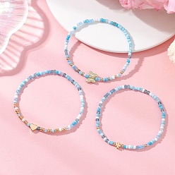 Светло-Голубой 3шт. стеклянные бусины эластичные браслеты для женщин, круглые, с латунным, Небесно-голубой, бусины : 3 мм диаметром, внутренний диаметр: 2.24 дюйм (5.7 см)