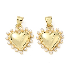 Настоящее золото 18K Латунные подвески, с ABS имитации жемчуга, сердце, без свинца и без кадмия, стойки покрытие, долговечный, реальный 18 k позолоченный, 17x15.5x4 мм, отверстие : 4.5x3.5 мм